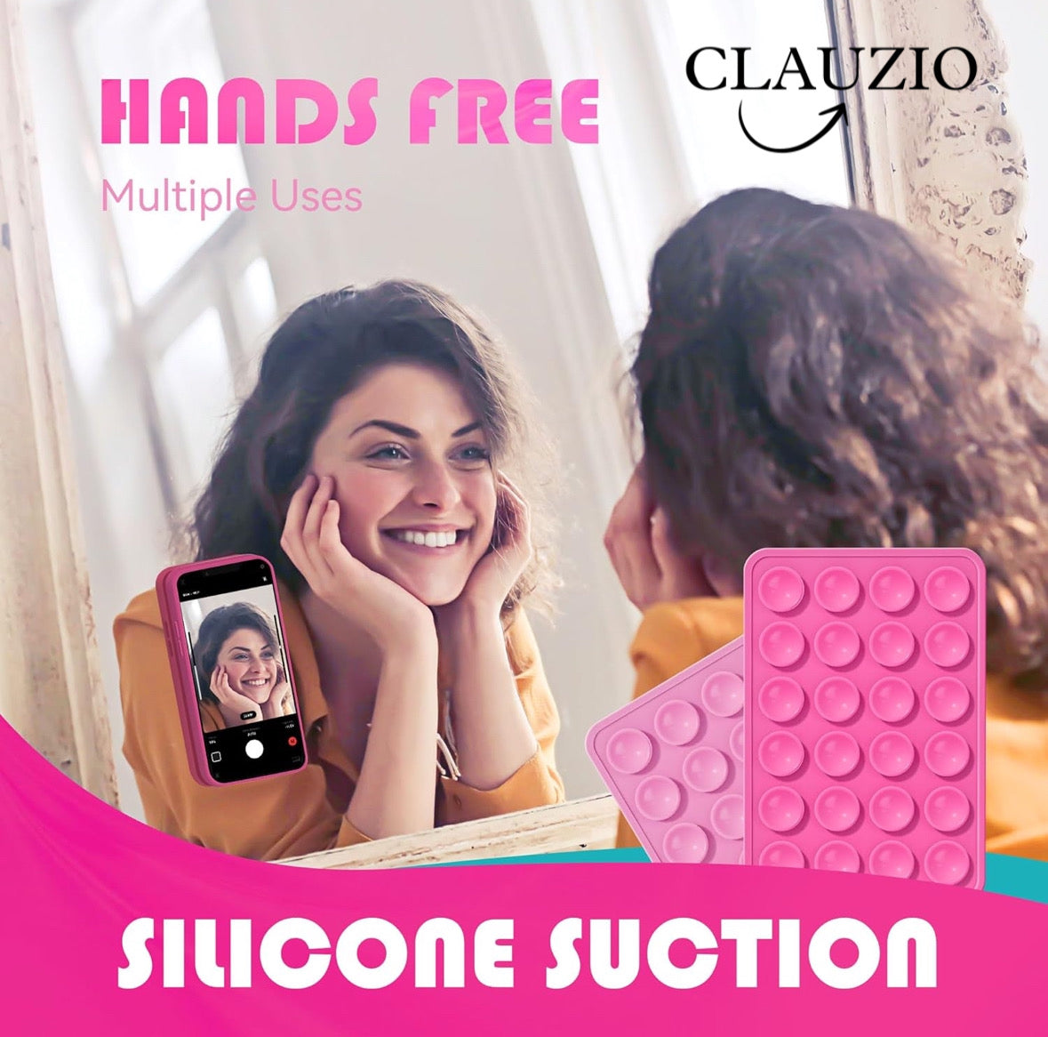 CLAUZIO Premium Silicone Suction Phone Case for Phone Mount, Phone Mount Suction Cup, Suction Cup Phone Case for Hands-Free Toy Mirror Shower Phone Holder, Videos, and Selfies Phone Accessory (Pink)