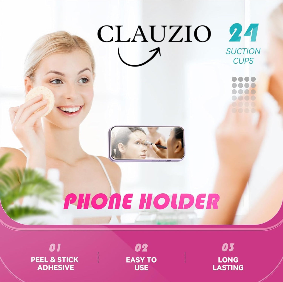 CLAUZIO Premium Silicone Suction Phone Case for Phone Mount, Phone Mount Suction Cup, Suction Cup Phone Case for Hands-Free Toy Mirror Shower Phone Holder, Videos, and Selfies Phone Accessory (Pink)