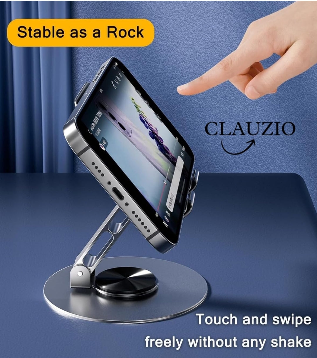 Mobile Stand, 360° Rotatable & Foldable Tabletop Phone Stand for Table, Multiple Height & Angle Adjustments, Stable Metalic Round Base with Silicon Pad, Compatible with All Smartphones