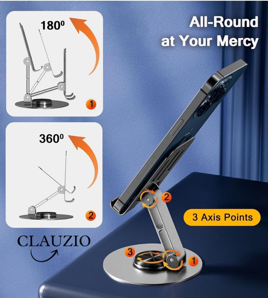 Mobile Stand, 360° Rotatable & Foldable Tabletop Phone Stand for Table, Multiple Height & Angle Adjustments, Stable Metalic Round Base with Silicon Pad, Compatible with All Smartphones