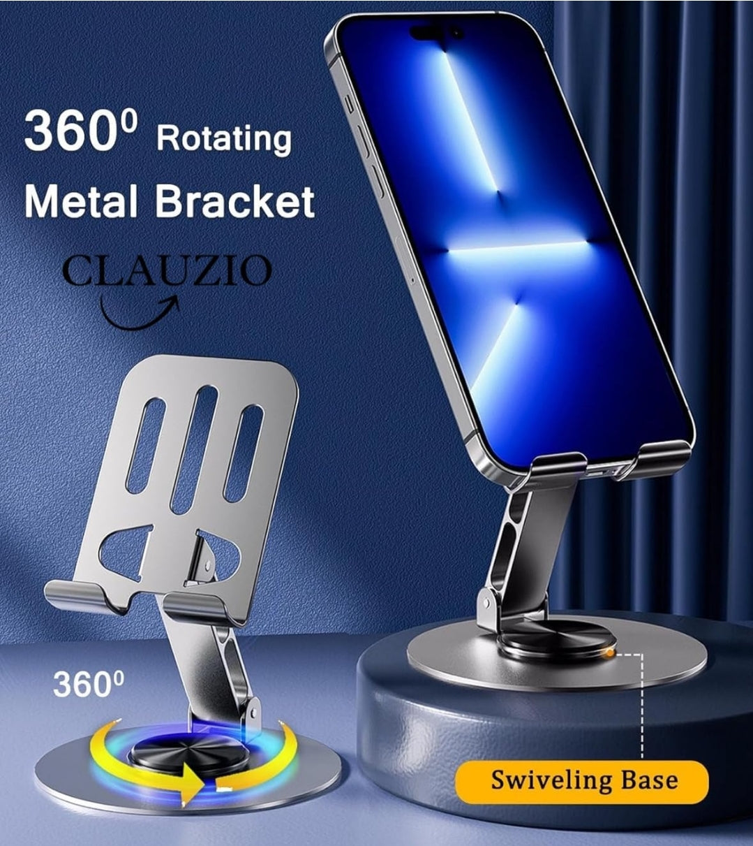 Mobile Stand, 360° Rotatable & Foldable Tabletop Phone Stand for Table, Multiple Height & Angle Adjustments, Stable Metalic Round Base with Silicon Pad, Compatible with All Smartphones