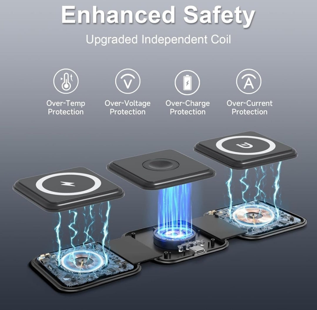 Magnetic Wireless Charger for iPhone: Fodable 3 in 1 Charging Station for Multiple Apple Devices - Travel Charging Pad Dock for Apple Watch iPhone 16 15 14 13 12 Pro Max Plus & Airpod