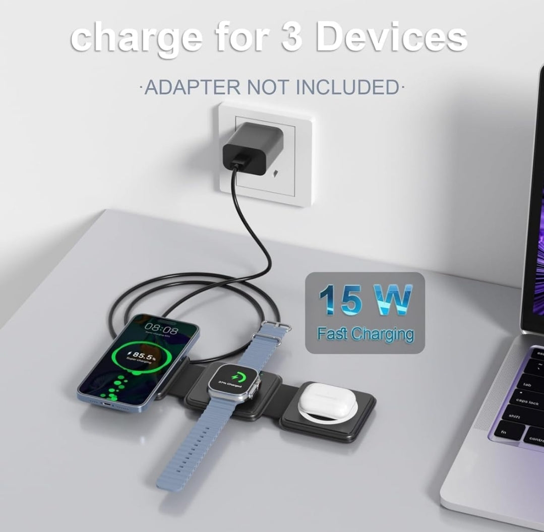 Magnetic Wireless Charger for iPhone: Fodable 3 in 1 Charging Station for Multiple Apple Devices - Travel Charging Pad Dock for Apple Watch iPhone 16 15 14 13 12 Pro Max Plus & Airpod