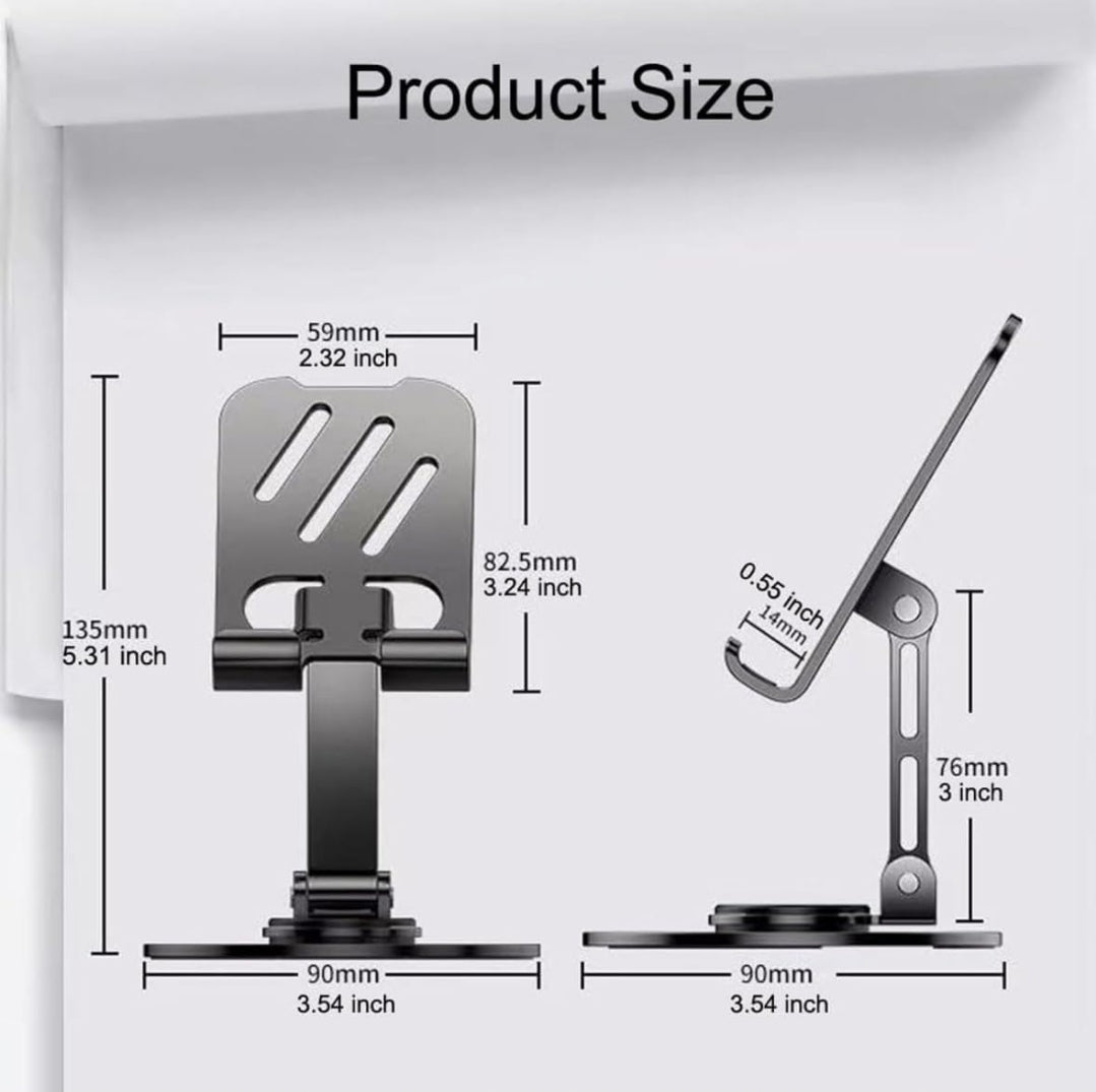Mobile Stand, 360° Rotatable & Foldable Tabletop Phone Stand for Table, Multiple Height & Angle Adjustments, Stable Metalic Round Base with Silicon Pad, Compatible with All Smartphones