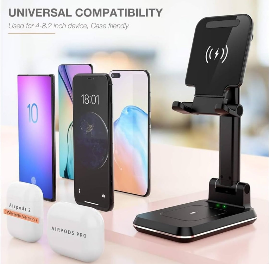 2-in-1 Charger Stand,Qi Certified 15W Height Adjustable Wireless Charger Desk Stand,Wireless Charging Station,for iPhone 16/15/14/13/12, AirPods Pro,Samsung S21/S20/S10 (No AC Adapter)