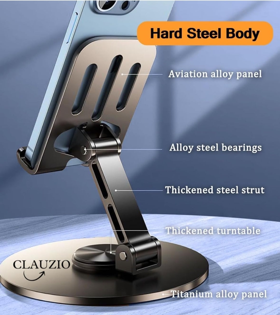Mobile Stand, 360° Rotatable & Foldable Tabletop Phone Stand for Table, Multiple Height & Angle Adjustments, Stable Metalic Round Base with Silicon Pad, Compatible with All Smartphones