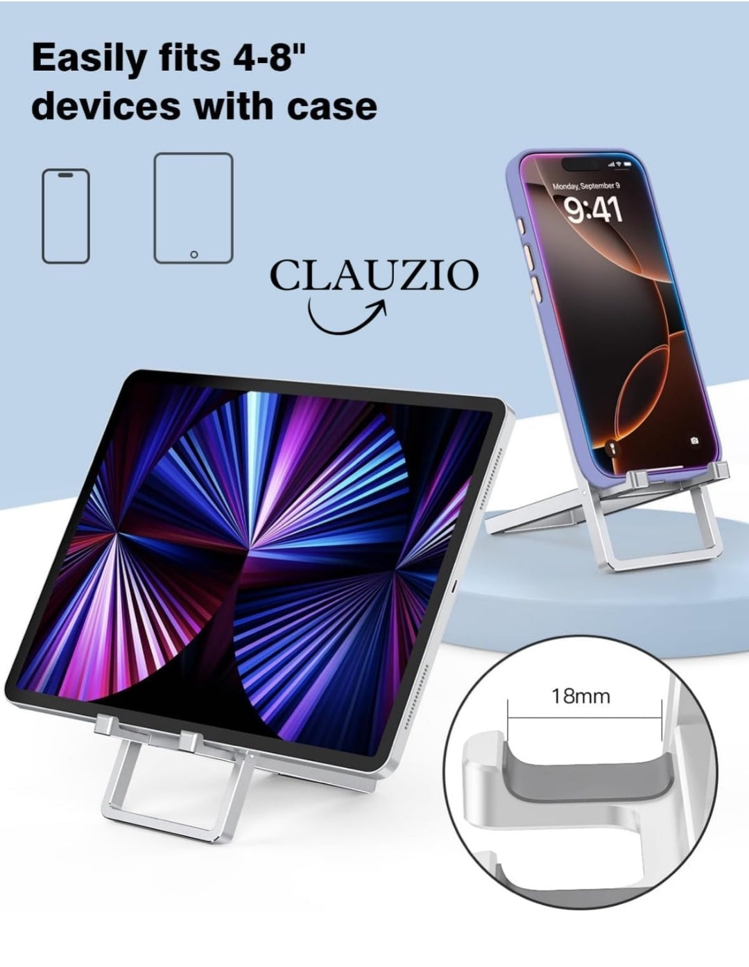 Smart Mobile Stand, Foldable Tabletop Phone Stand for Table, Multiple Height & Angle Adjustments, Stable Metalic Round Base with Silicon Pad, Compatible with All Smartphones