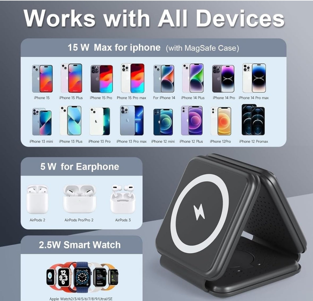 Magnetic Wireless Charger for iPhone: Fodable 3 in 1 Charging Station for Multiple Apple Devices - Travel Charging Pad Dock for Apple Watch iPhone 16 15 14 13 12 Pro Max Plus & Airpod