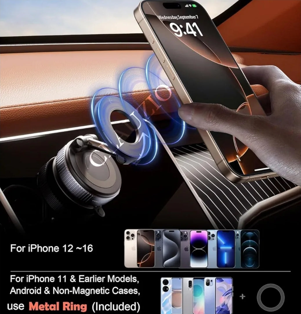 Strong Magnetic Car Phone Holder for MagSafe, Ultra Vacuum Suction Cup Phone Mount, 360° Rotation Car Accessories for iPhone 16/15/14/13/12 and Android Phones with MagSafe Ring