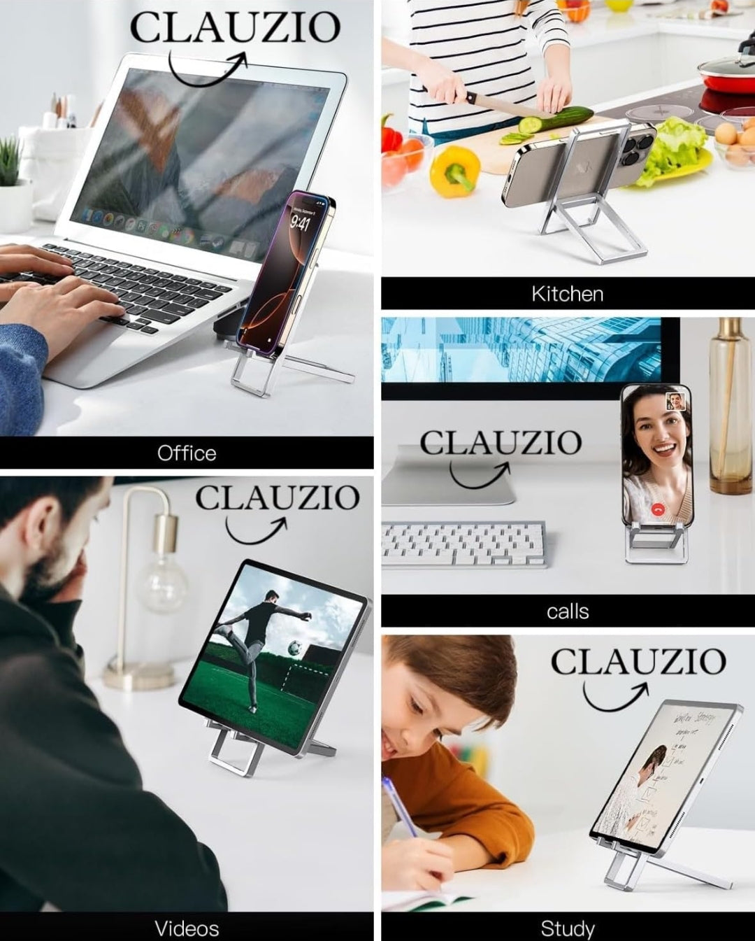 Smart Mobile Stand, Foldable Tabletop Phone Stand for Table, Multiple Height & Angle Adjustments, Stable Metalic Round Base with Silicon Pad, Compatible with All Smartphones