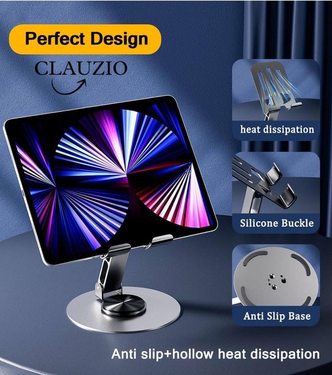 Mobile Stand, 360° Rotatable & Foldable Tabletop Phone Stand for Table, Multiple Height & Angle Adjustments, Stable Metalic Round Base with Silicon Pad, Compatible with All Smartphones