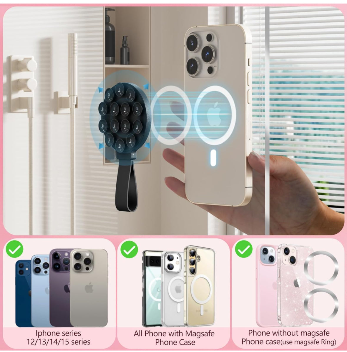 CLAUZIO Magnetic Silicone Suction Cup for Phone, Phone Mount Suction Cup, Super Magnet Suction Cup Phone Case for Hands-Free Toy Mirror Shower Phone Holder, Videos, Premium (Grey)