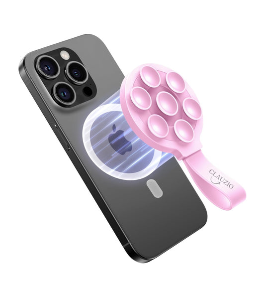 CLAUZIO Magnetic Silicone Suction Cup for Phone, Phone Mount Suction Cup, Super Magnet Suction Cup Phone Case for Hands-Free Toy Mirror Shower Phone Holder, Videos, Premium (Baby Pink)