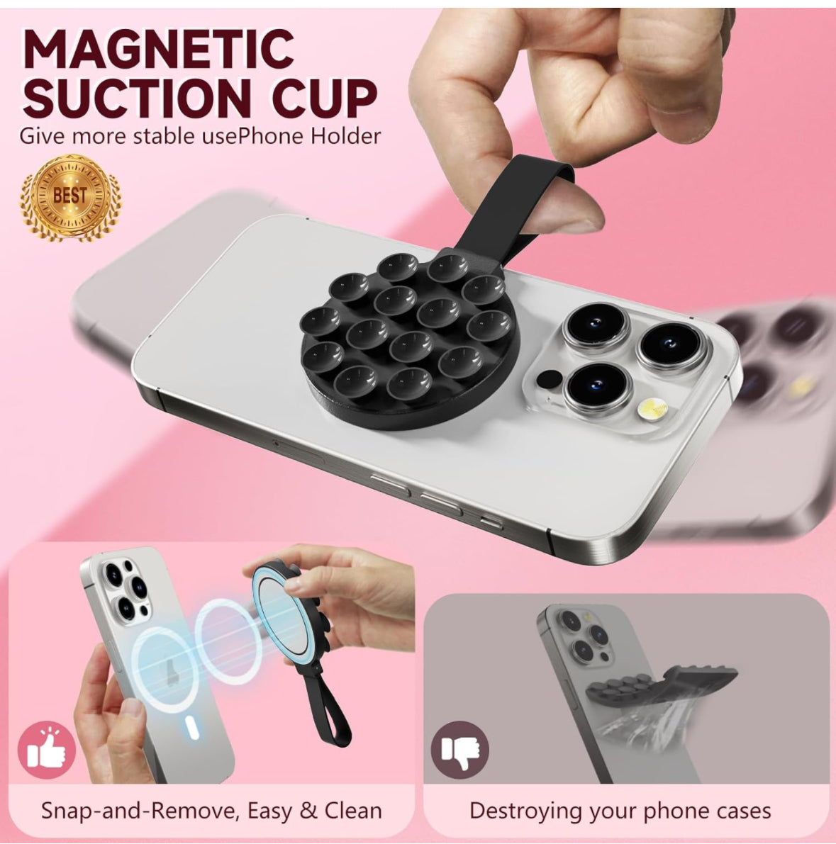 CLAUZIO Magnetic Silicone Suction Cup for Phone, Phone Mount Suction Cup, Super Magnet Suction Cup Phone Case for Hands-Free Toy Mirror Shower Phone Holder, Videos, Premium (Grey)