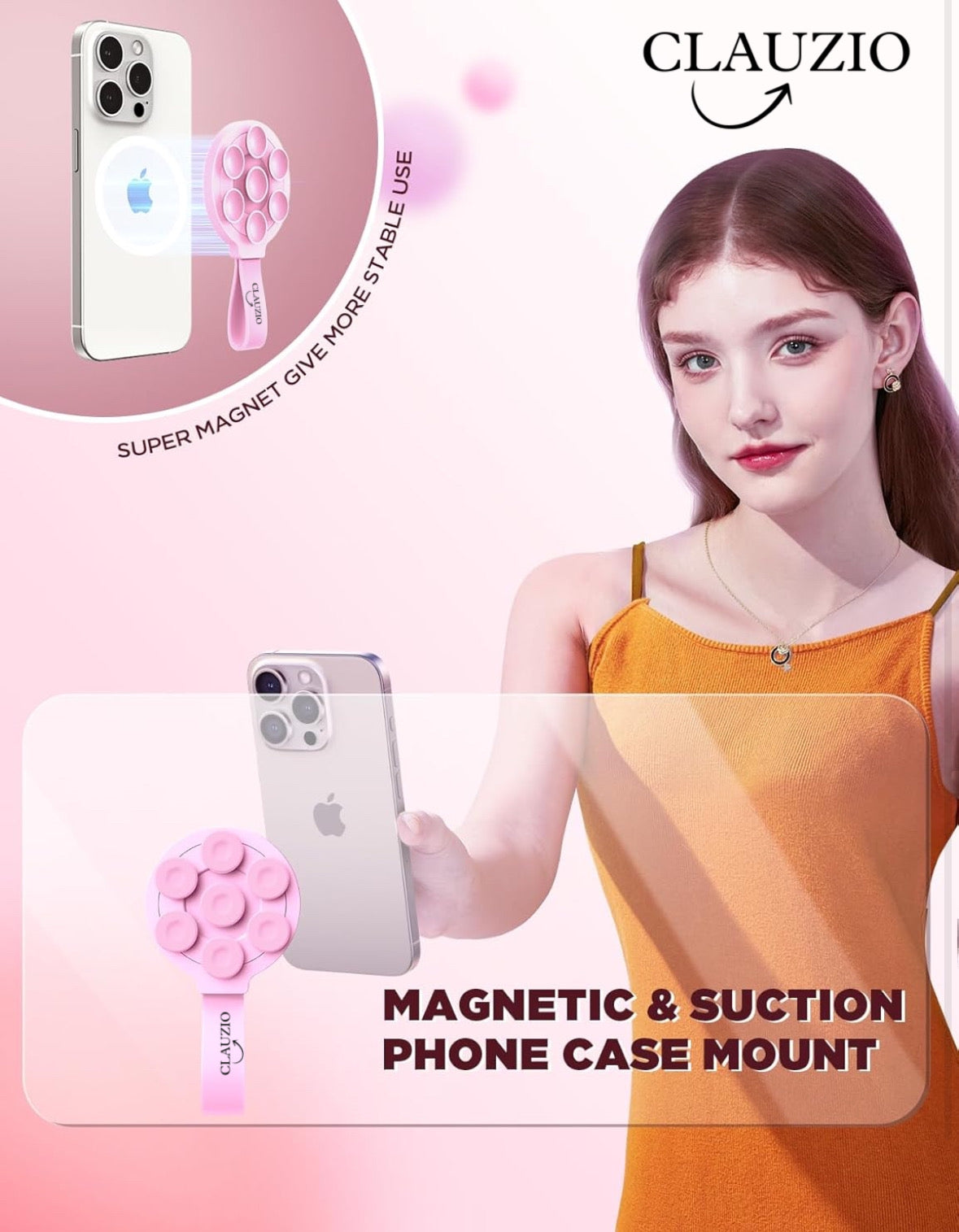 CLAUZIO Magnetic Silicone Suction Cup for Phone, Phone Mount Suction Cup, Super Magnet Suction Cup Phone Case for Hands-Free Toy Mirror Shower Phone Holder, Videos, Premium (Baby Pink)