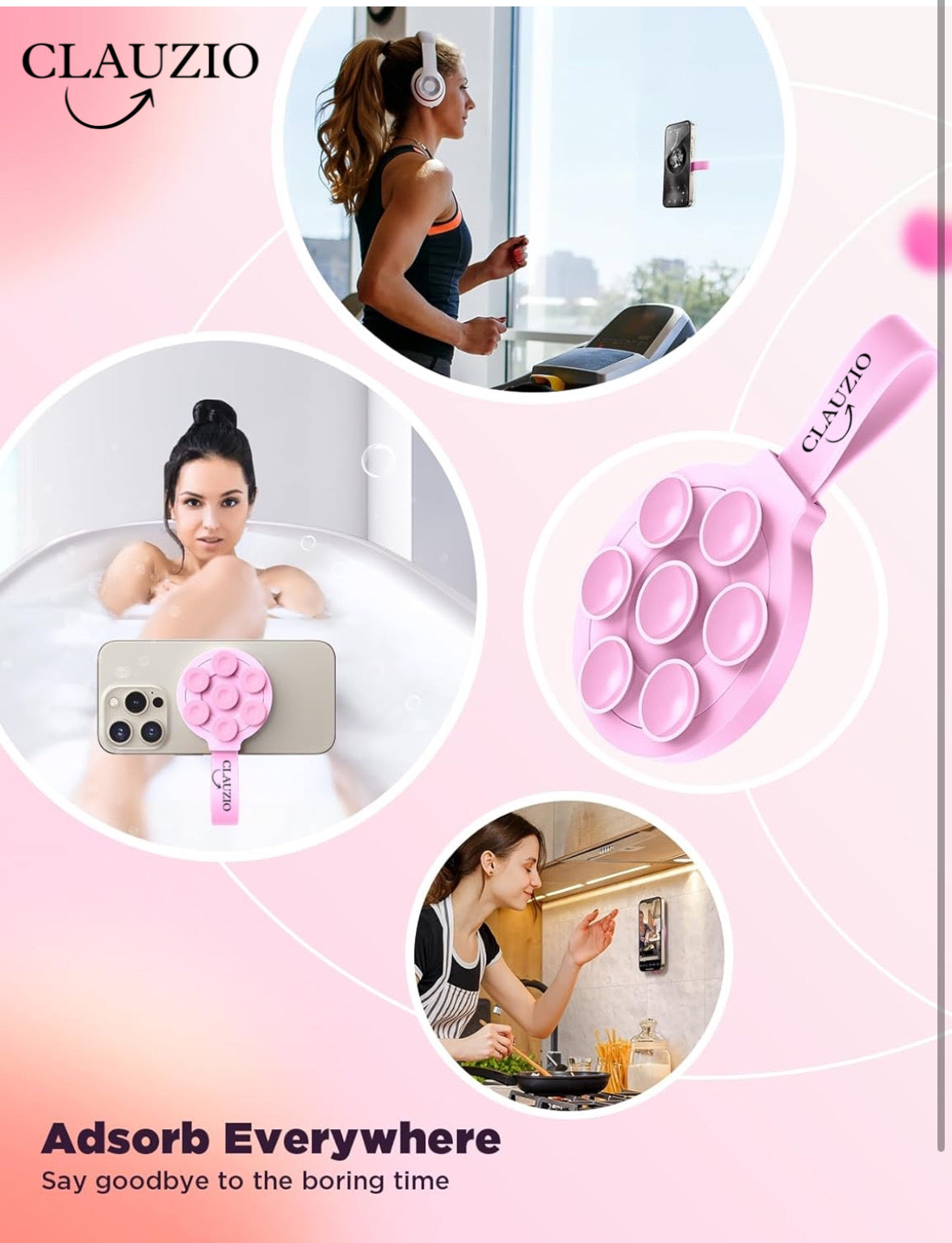 CLAUZIO Magnetic Silicone Suction Cup for Phone, Phone Mount Suction Cup, Super Magnet Suction Cup Phone Case for Hands-Free Toy Mirror Shower Phone Holder, Videos, Premium (Baby Pink)