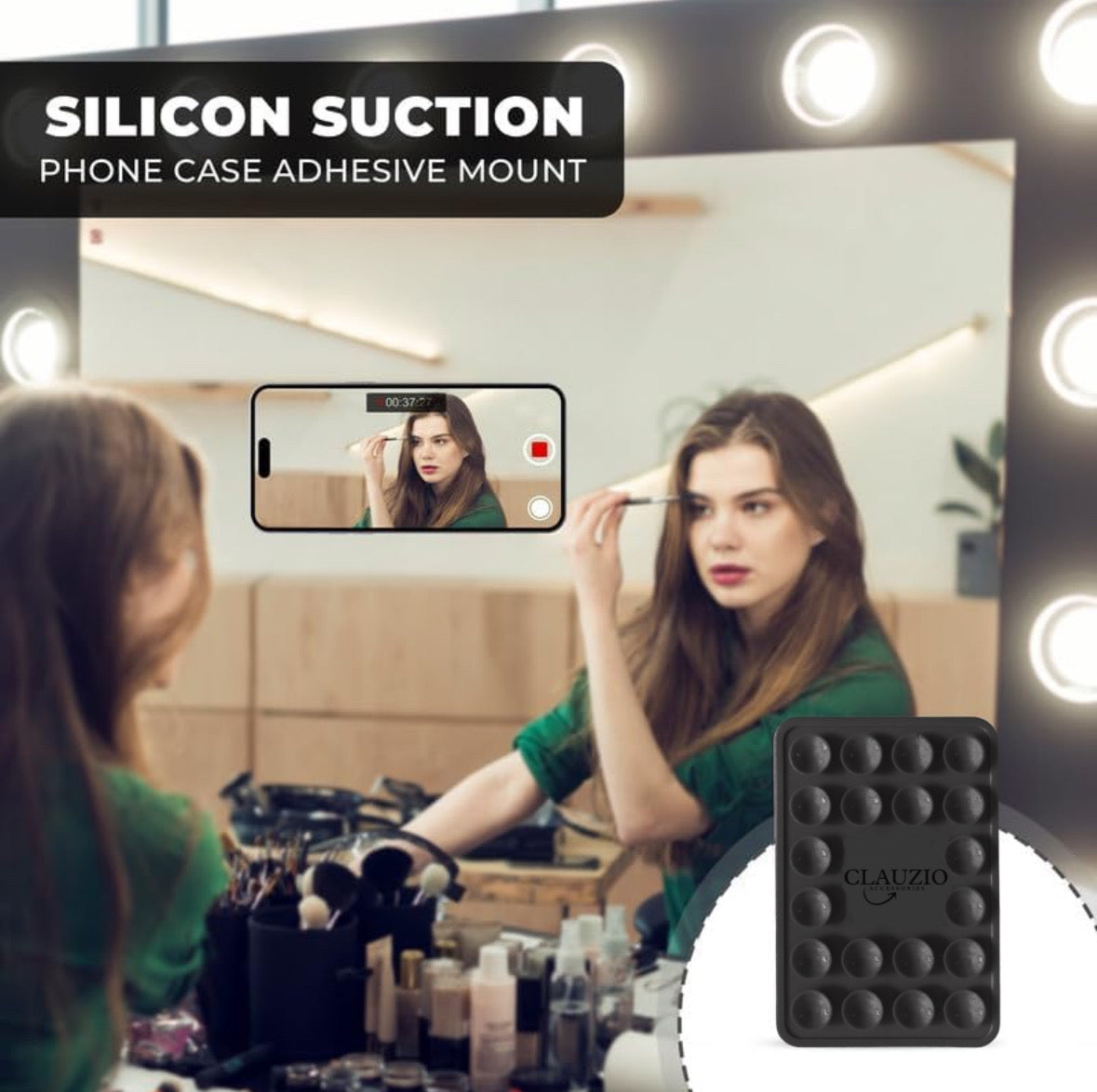 CLAUZIO Premium Silicone Suction Phone Case for Phone Mount, Phone Mount Suction Cup, Suction Cup Phone Case for Hands-Free Toy Mirror Shower Phone Holder, Videos, and Selfies Phone Accessory (Black)