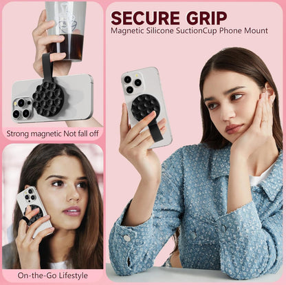 CLAUZIO Magnetic Silicone Suction Cup for Phone, Phone Mount Suction Cup, Super Magnet Suction Cup Phone Case for Hands-Free Toy Mirror Shower Phone Holder, Videos, Premium (Grey)