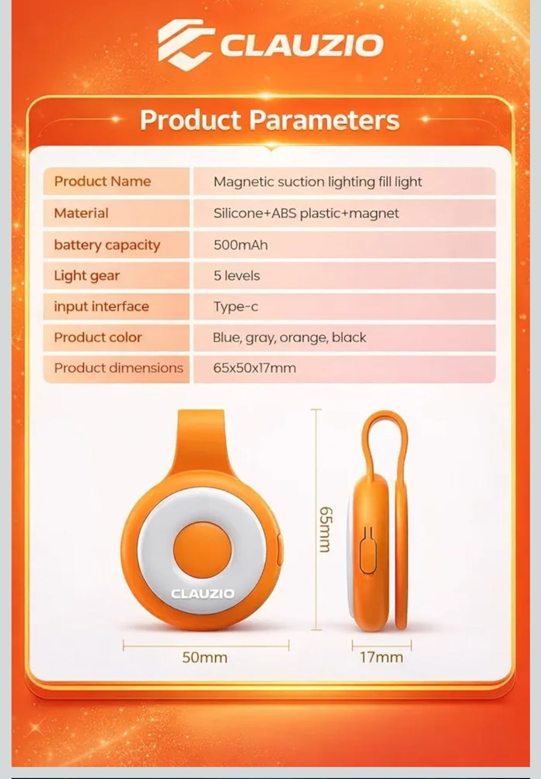 CLAZUIO Magnetic LED Selfie Light with Mag-Safe Compatibility, Portable LED Ring Light Included Adhesive Ring for iPhone 17pro Ideal for Selfies, Photography,Zoom & Video Calls (Orange)