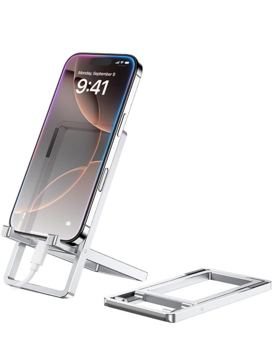 Smart Mobile Stand, Foldable Tabletop Phone Stand for Table, Multiple Height & Angle Adjustments, Stable Metalic Round Base with Silicon Pad, Compatible with All Smartphones