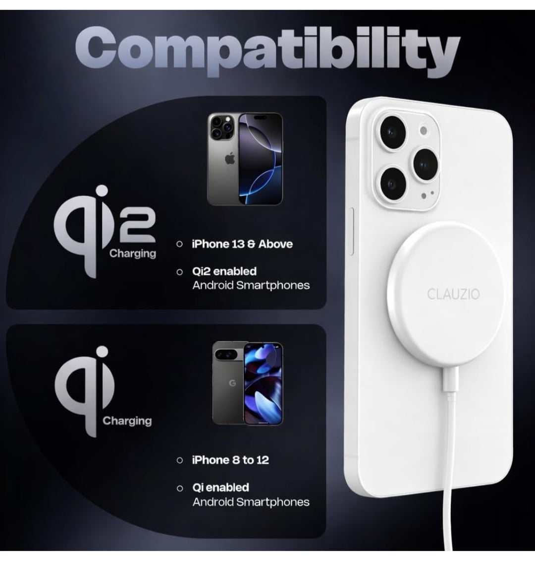 15W Qi2 Fast Wireless Charger with Magnetic Compatibility | Includes Magnet Ring for Non-Magnetic Phones | Universal Qi Charging for iPhone & Android | Sleek Compact Design