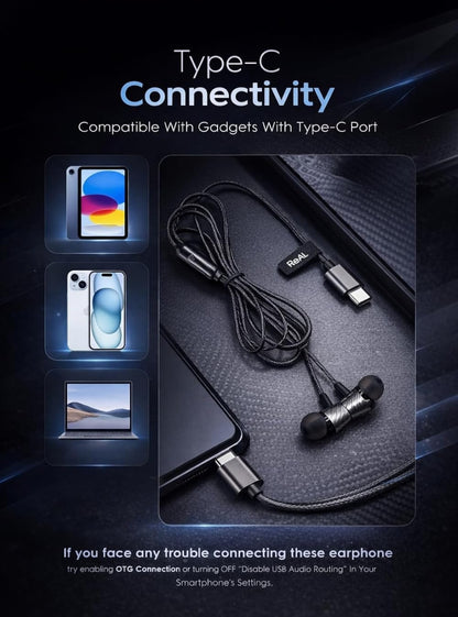 MFI 100 C Wired Headphones Earphones with Type-C Jack, in-Line Microphone, in Ear, 10Mm Drivers, Signature Sound, Integrated Controls & Multi-Os Compatibility (Black) (CZ 50 Grey)