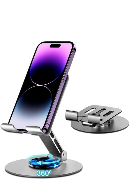 Mobile Stand, 360° Rotatable & Foldable Tabletop Phone Stand for Table, Multiple Height & Angle Adjustments, Stable Metalic Round Base with Silicon Pad, Compatible with All Smartphones