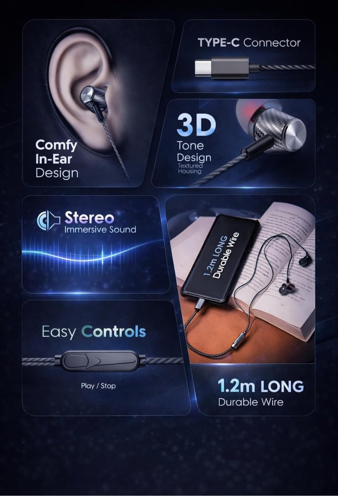 MFI 100 C Wired Headphones Earphones with Type-C Jack, in-Line Microphone, in Ear, 10Mm Drivers, Signature Sound, Integrated Controls & Multi-Os Compatibility (Black) (CZ 50 Grey)