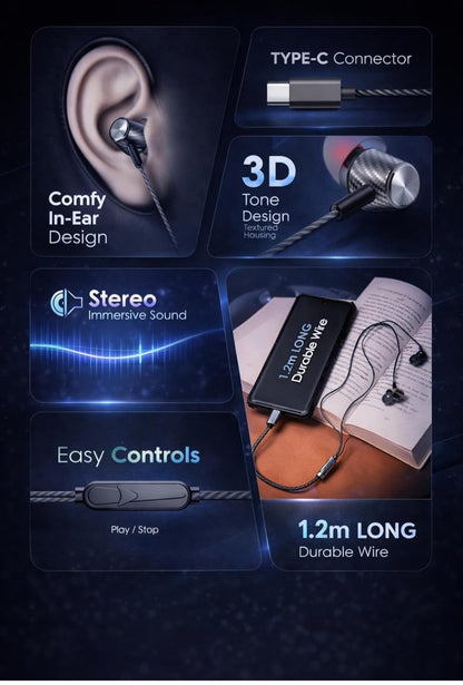 MFI 100 C Wired Headphones Earphones with Type-C Jack, in-Line Microphone, in Ear, 10Mm Drivers, Signature Sound, Integrated Controls & Multi-Os Compatibility (Black) (CZ 50 Grey)