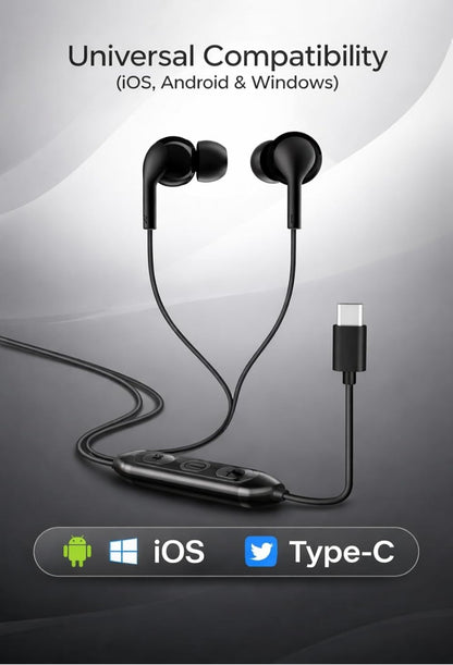 MFI 100 C Wired Headphones Earphones with Type-C Jack, in-Line Microphone, in Ear, 10Mm Drivers, Signature Sound, Integrated Controls & Multi-Os Compatibility (Black) (CZ 100 Black)
