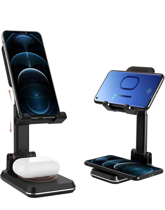 2-in-1 Charger Stand,Qi Certified 15W Height Adjustable Wireless Charger Desk Stand,Wireless Charging Station,for iPhone 16/15/14/13/12, AirPods Pro,Samsung S21/S20/S10 (No AC Adapter)